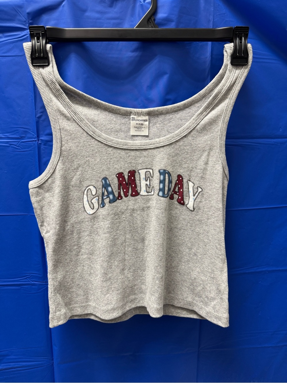 No Boundaries Grey 'GAME DAY' Ribbed Tank Top with Red & Blue Lettering